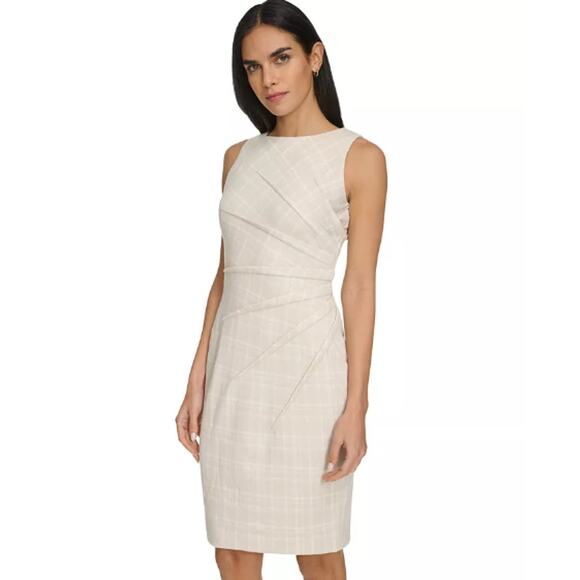 CALVIN KLEIN Womens Plaid Starburst Sheath Dress Size 8 Stony Beige White NWT - Picture 2 of 13